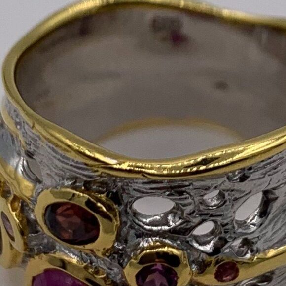 Ring, NWOT, solid 925 sterling silver, 22 K gold, orange sapphires and rubies, - Picture 10 of 15